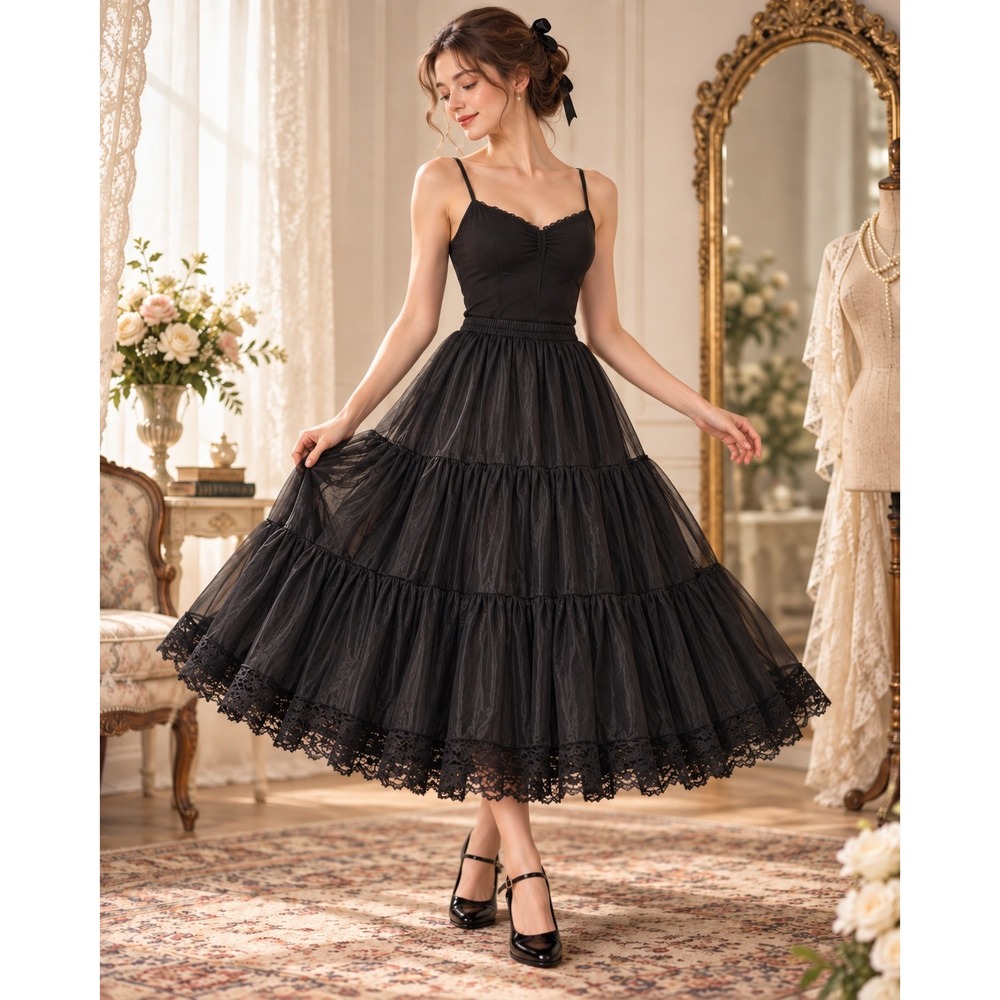 Malco Modes Vintage Petticoat Skirt Large Black Tiered Lace Trim Nylon  #1584